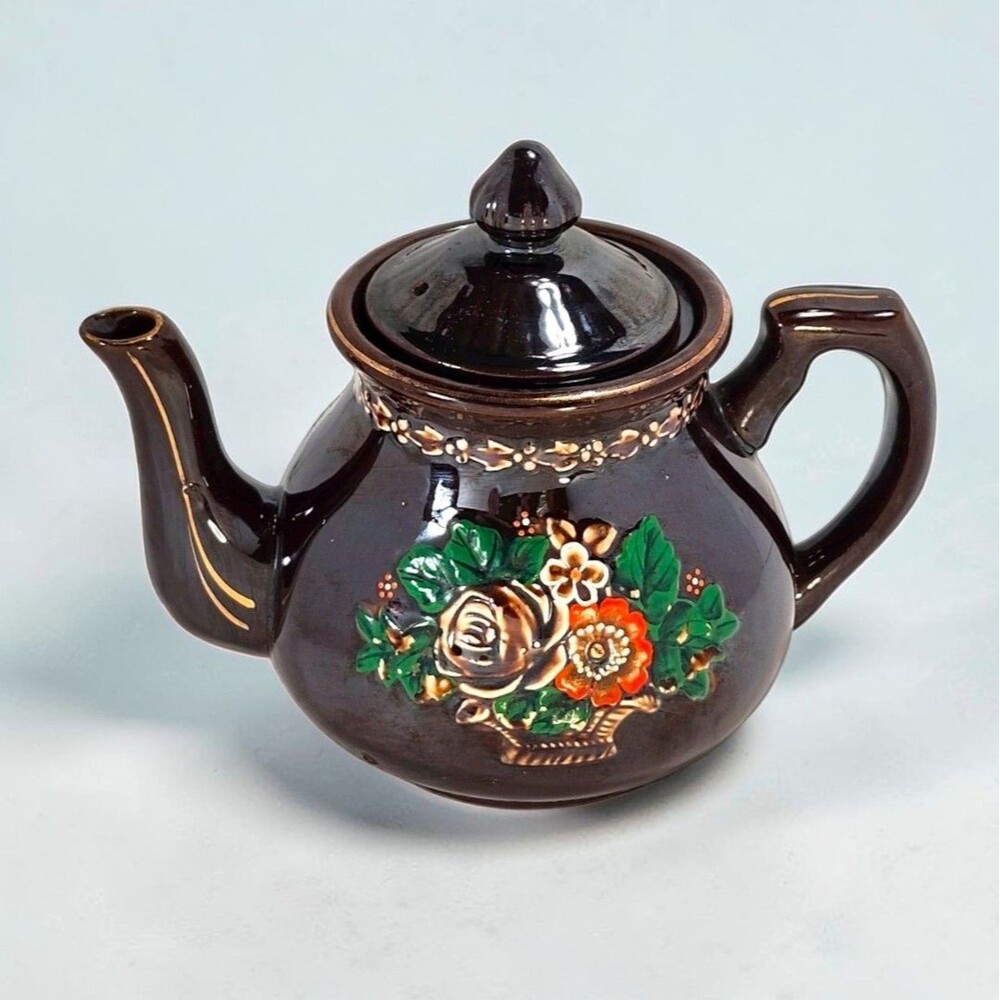 Japanese Moriage Teapot Brown Redware Raised Floral Enamel Gold Trim Vintage